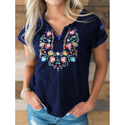 Vintage Retro Embroidered Short Sleeve Top