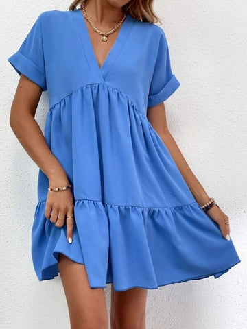 Short-sleeved V-neck Dress Summer Casual Sweet Ruffled Dress