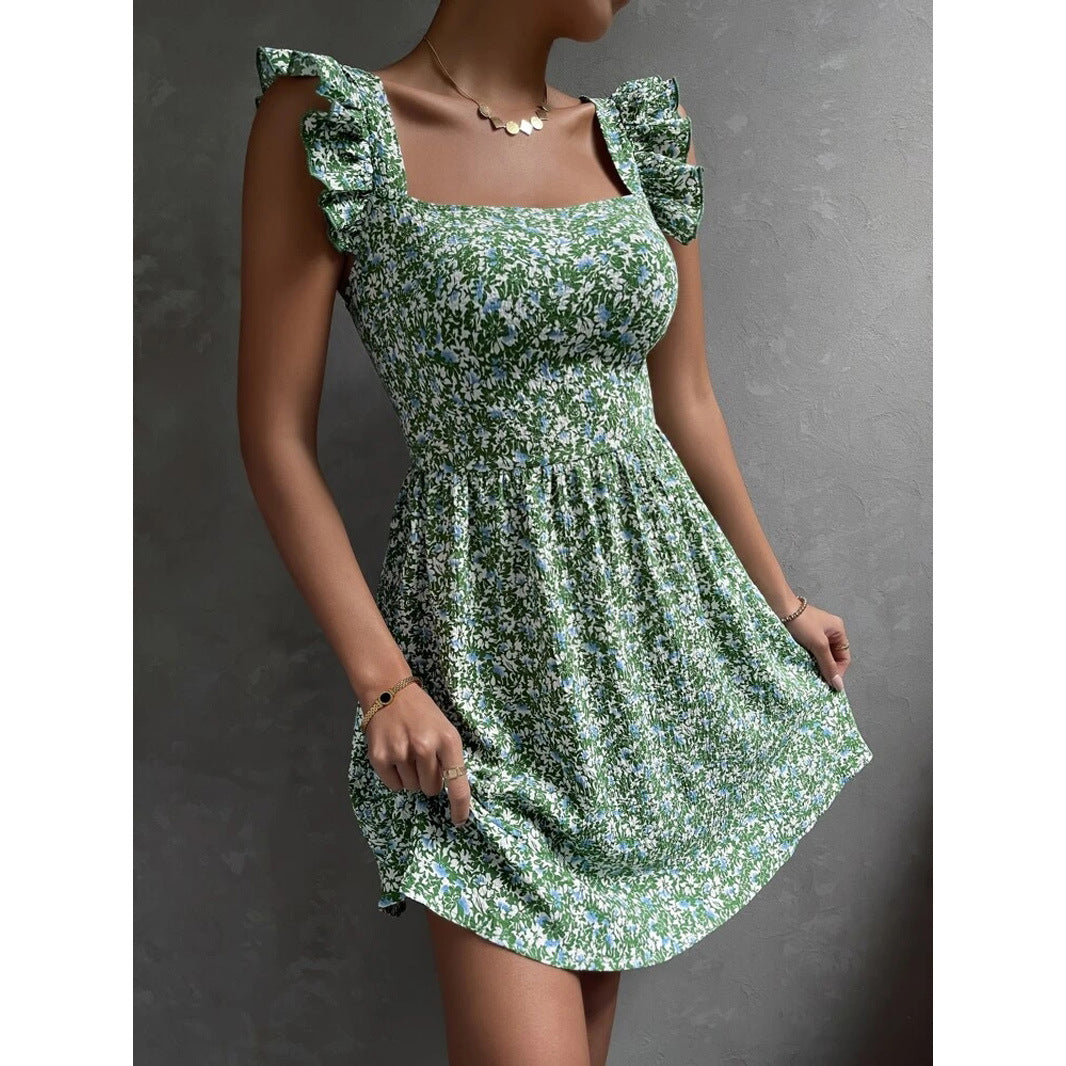 Summer Square-neck Ruffled Sleeveless Dress With Bow-tie Backless Design, Casual Holiday Beach Dress