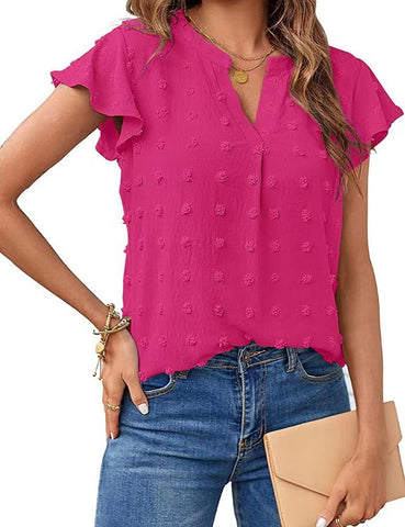 Women V Neck Ruffle Short Sleeve Blouse