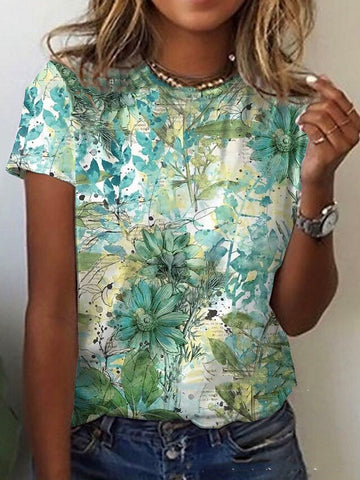 Floral Print Round Neck Short-sleeved T-shirt