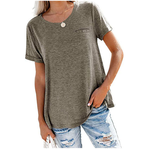 Multi Color Round Neck Front Pocket Short Sleeve Top