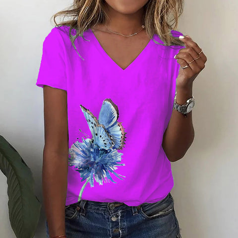 Fashion Butterfly Print V-neck Short Sleeve Top