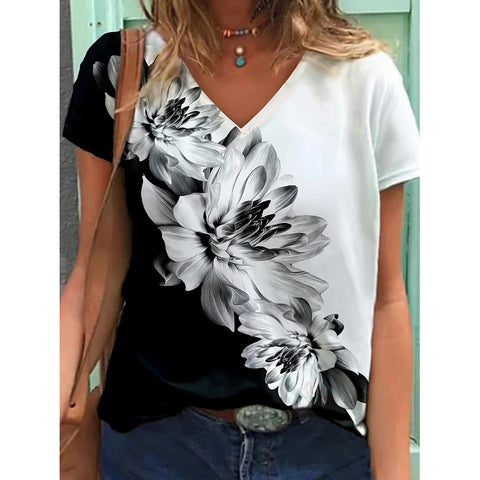 Abstract Retro Print Short-Sleeved Loose V-Neck Top