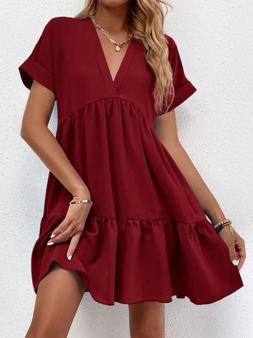 Short-sleeved V-neck Dress Summer Casual Sweet Ruffled Dress