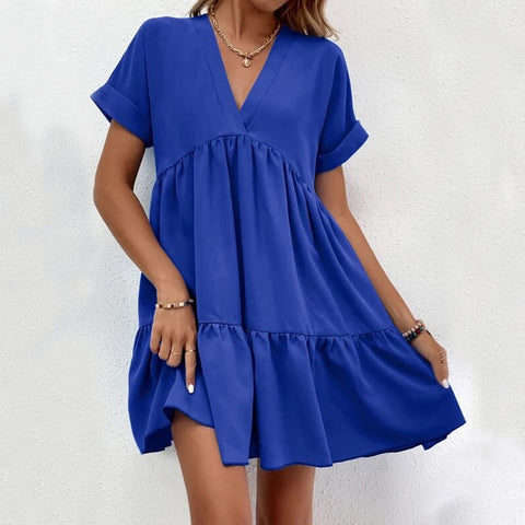 Short-sleeved V-neck Dress Summer Casual Sweet Ruffled Dress