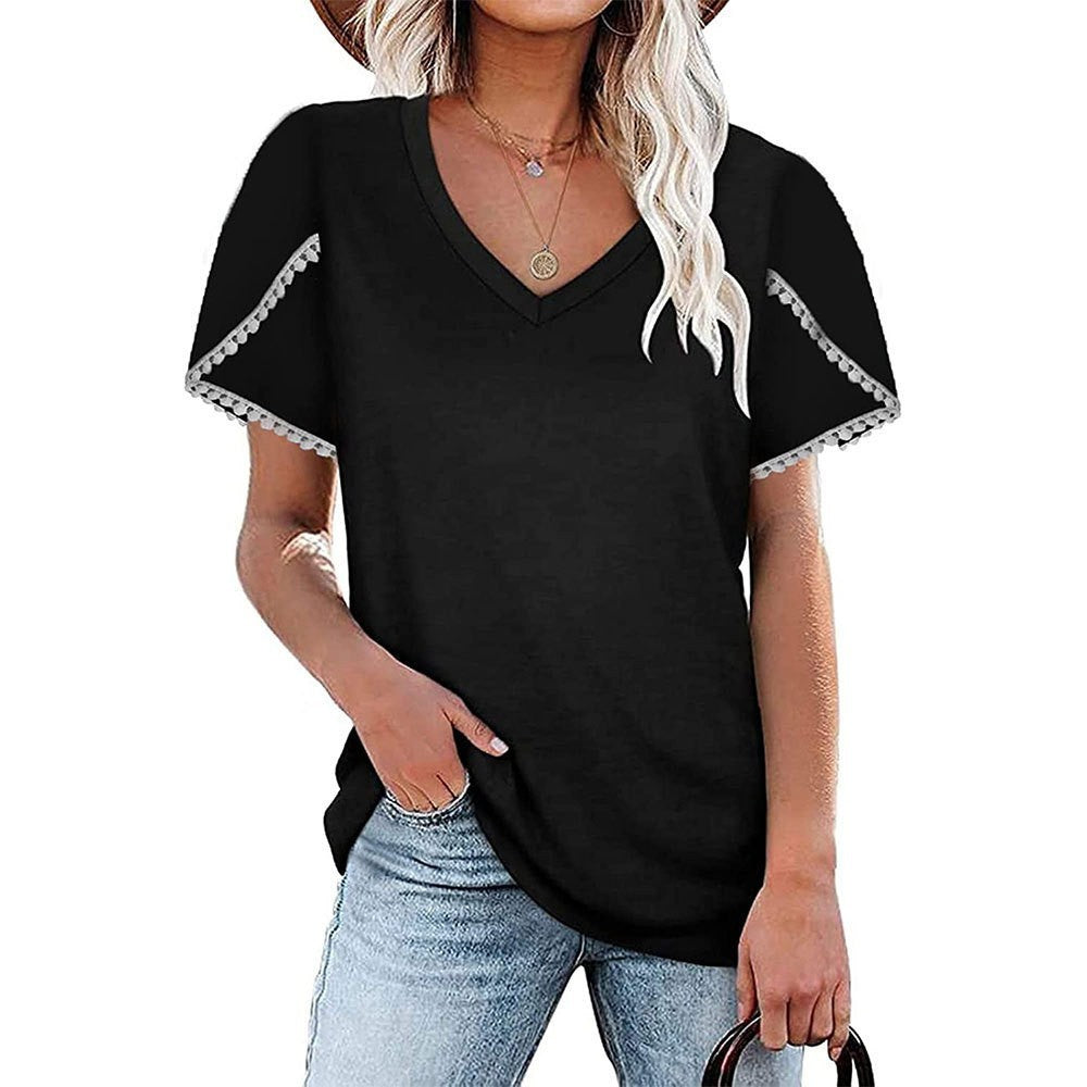 Lace Border V-Neck Short-Sleeved Shirt