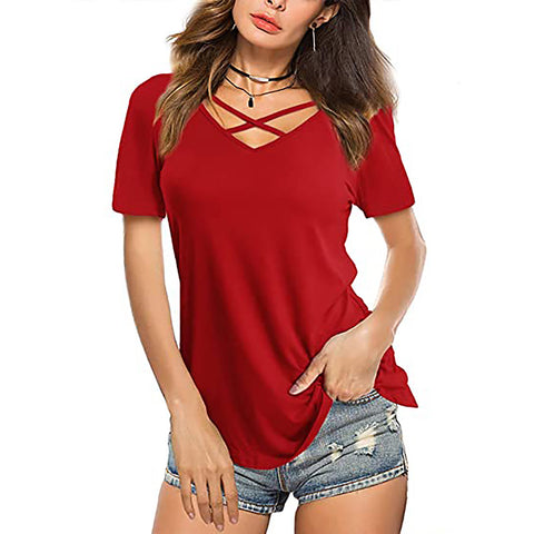 Front Cross V-Neck Short Sleeve Women's Top