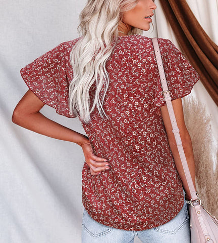 Floral V Neck Casual Short Sleeve Top