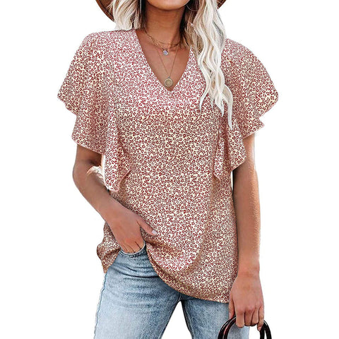 Floral V Neck Casual Short Sleeve Top