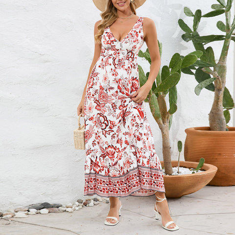 Fashion Floral Print V-neck Summer Dress, Sleeveless Long Dress