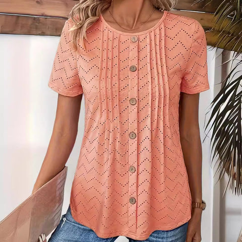 Women's Solid Color Hollowed-out Pleated Button Round Neck Top