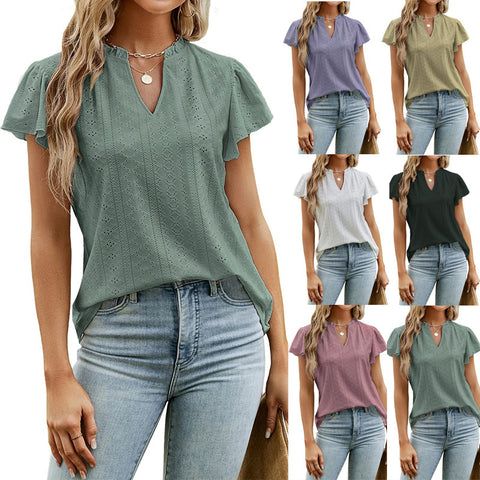 Jacquard V-neck Short Sleeve Top