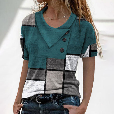 Multi Color Cross Neck Button Short Sleeve Top