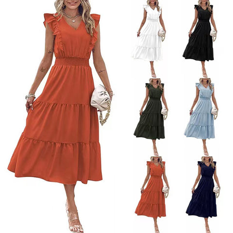 Ruffled Sleeveless V-Neck, Elastic Waist A-Line Summer Dress