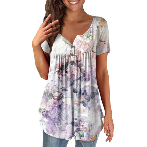 Printed Ruffled Tunic Pullover Short Sleeve