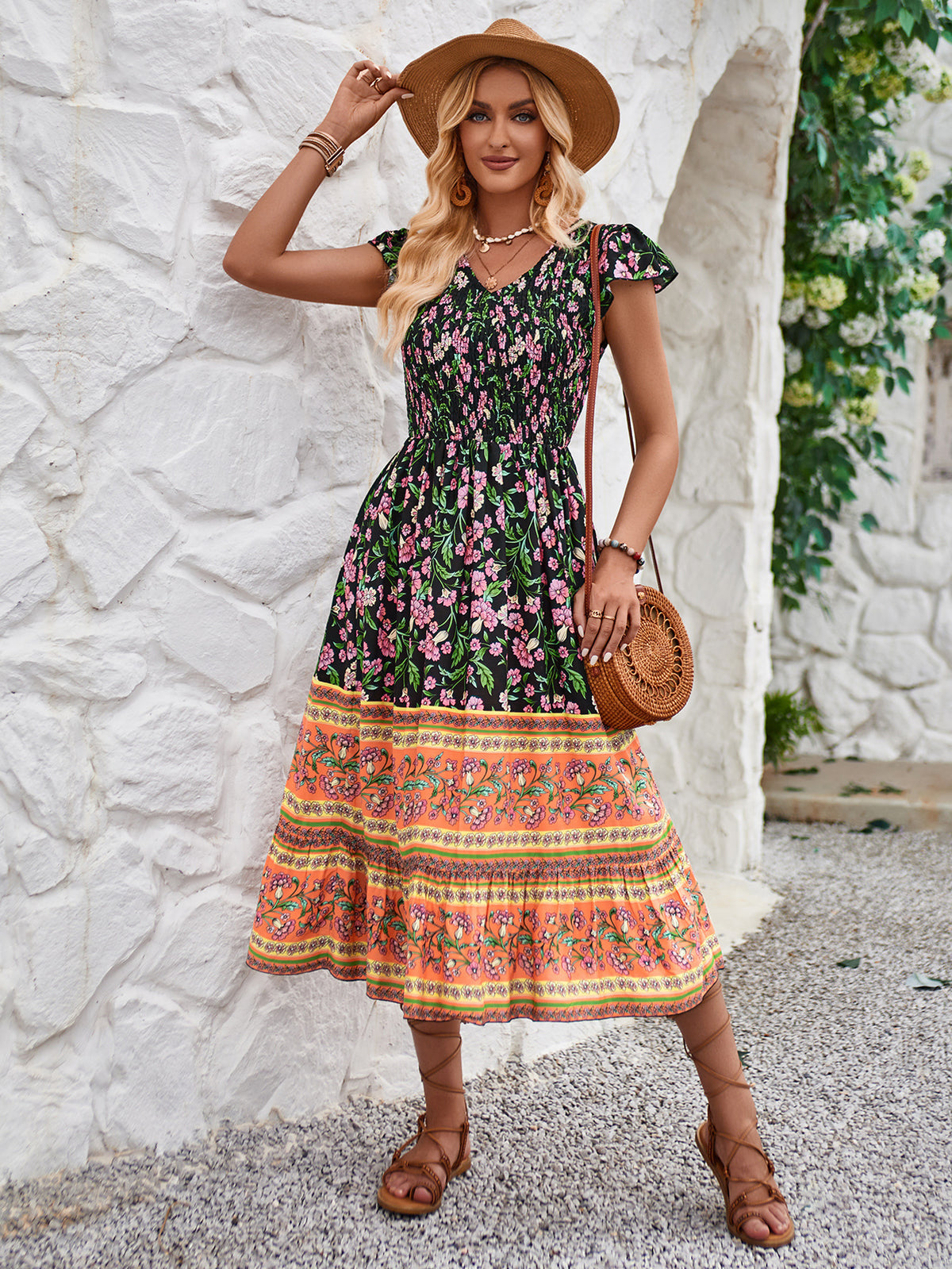 Flower Print V-neck Casual Ruffle Sleeveless Bohemian Dress