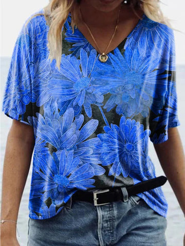 Chrysanthemum Flower Print V-neck Short-sleeved Casual And Comfortable Loose Top