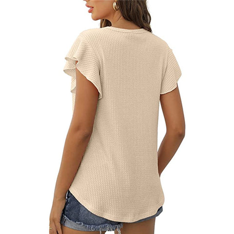 Waffle Solid Color Short Sleeve Round Neck Ruffle Sleeve Top