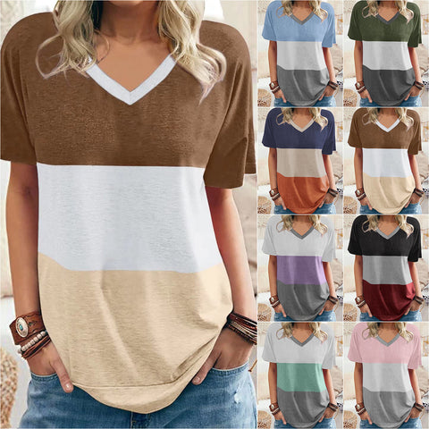 Women's Color Matching V-neck Casual Loose Short Sleeve