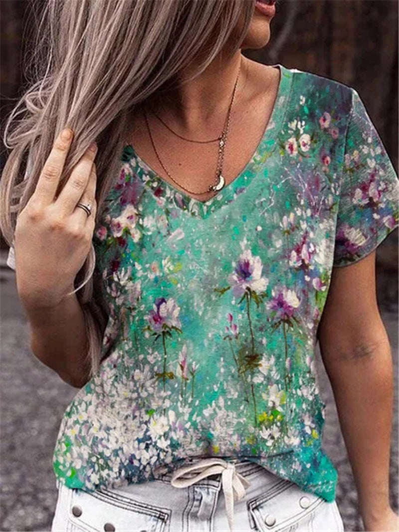 Abstract Print V-neck Short Sleeved Top