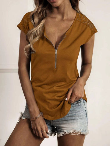 Round Neck Half Zip Panel Lace Short Sleeve Top