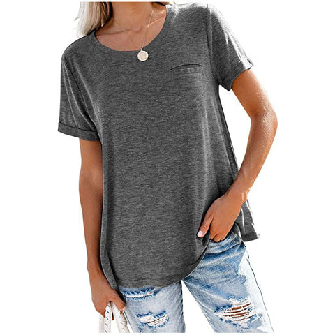 Multi Color Round Neck Front Pocket Short Sleeve Top